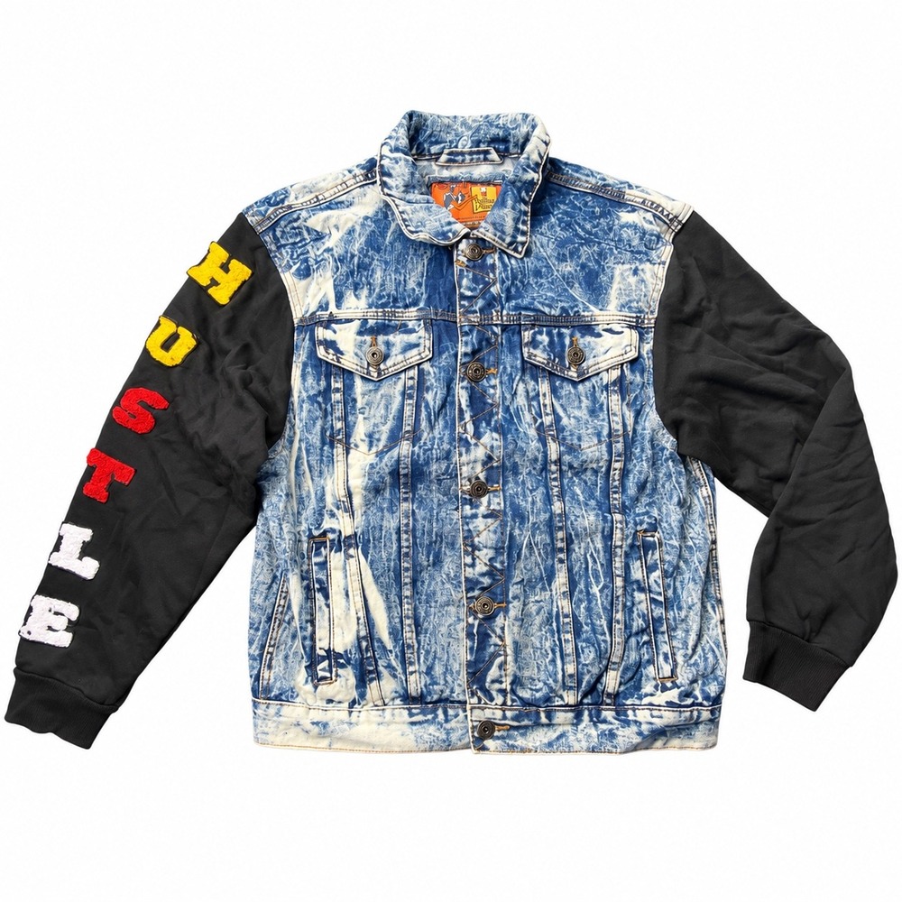 Rolling Paper XL Acid Wash Denim Jacket Black Sleeves HUSTLE Patch